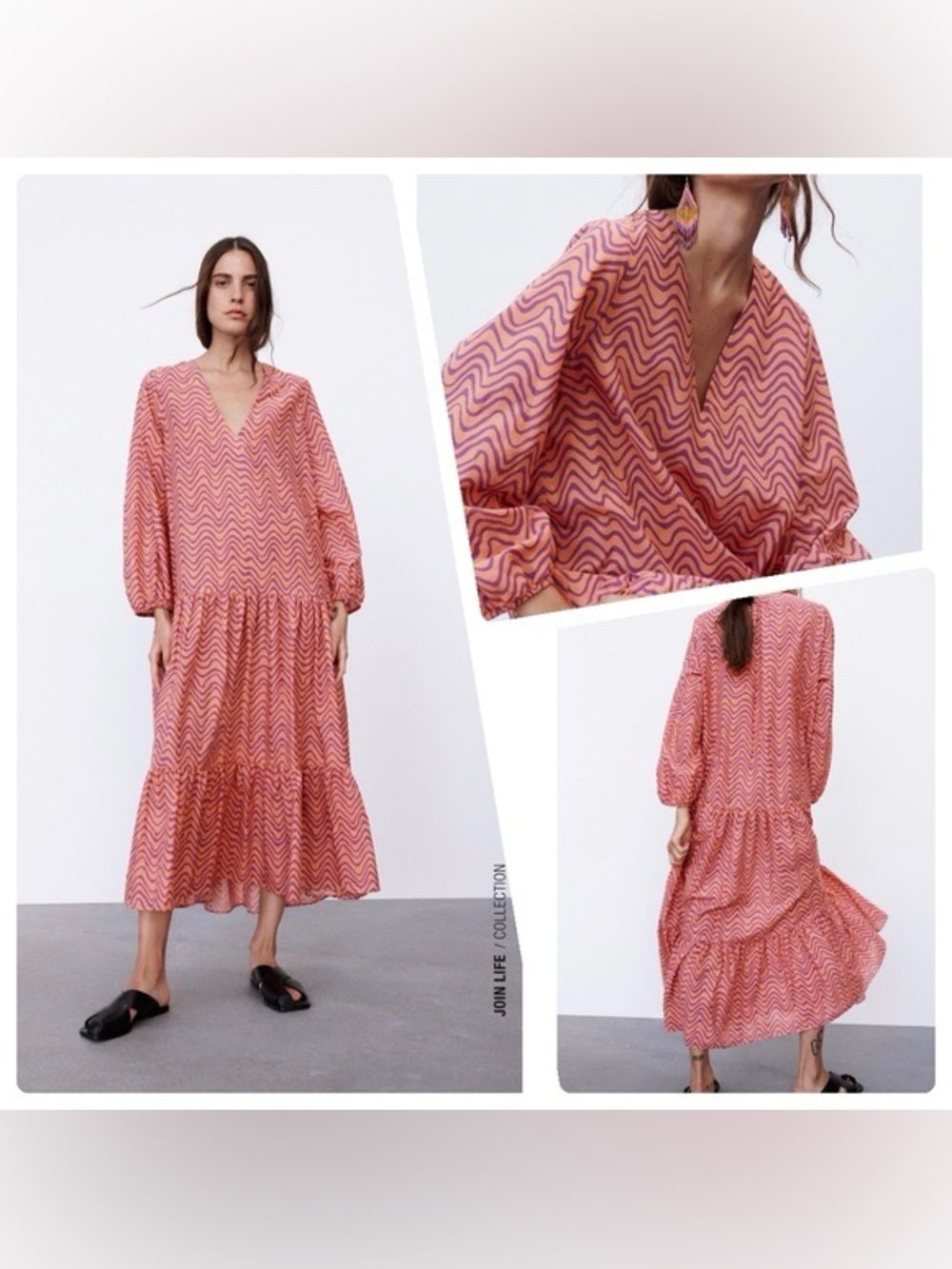 Zara Salmon Colored Printed Boho Midi Dress Size S